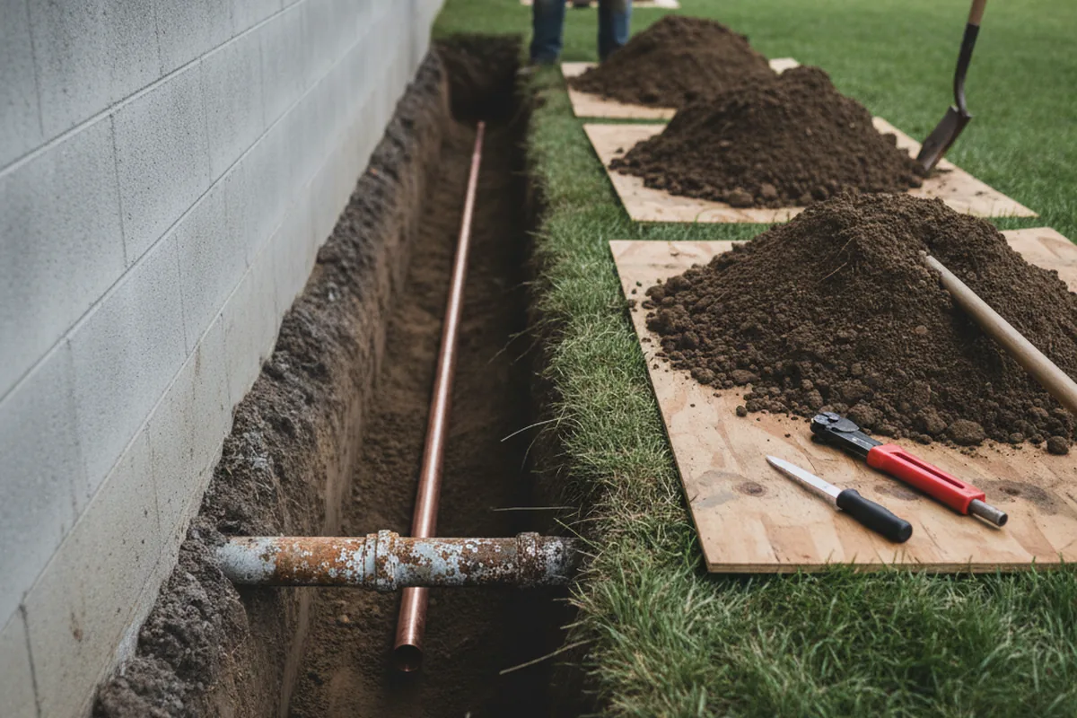 Excavated water line trench during Water Heater Repair in Crowder